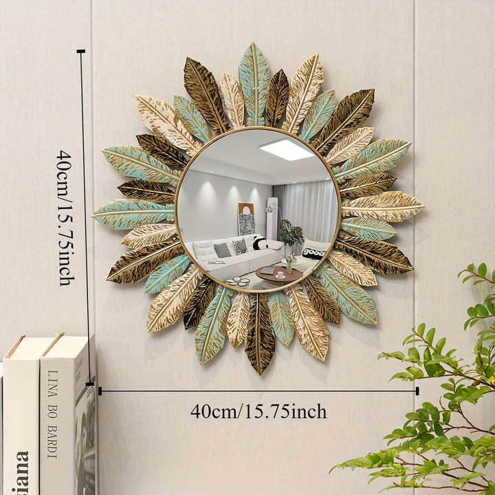 Bohemian Sunburst Metal Wall Mirror | Teal &amp; Gold Leaf Design
