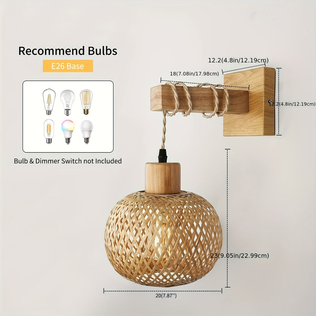 Rustic Wooden Wall Sconce | Handwoven Rattan &amp; Wood Light Fixture