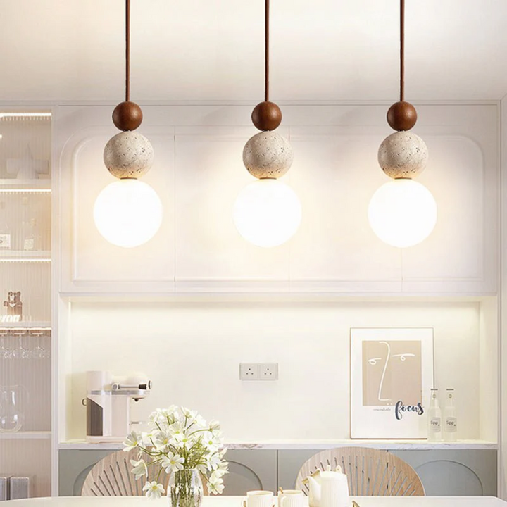 Cleonice Pendant Light | Travertine, Wood &amp; Glass Hanging Lamp