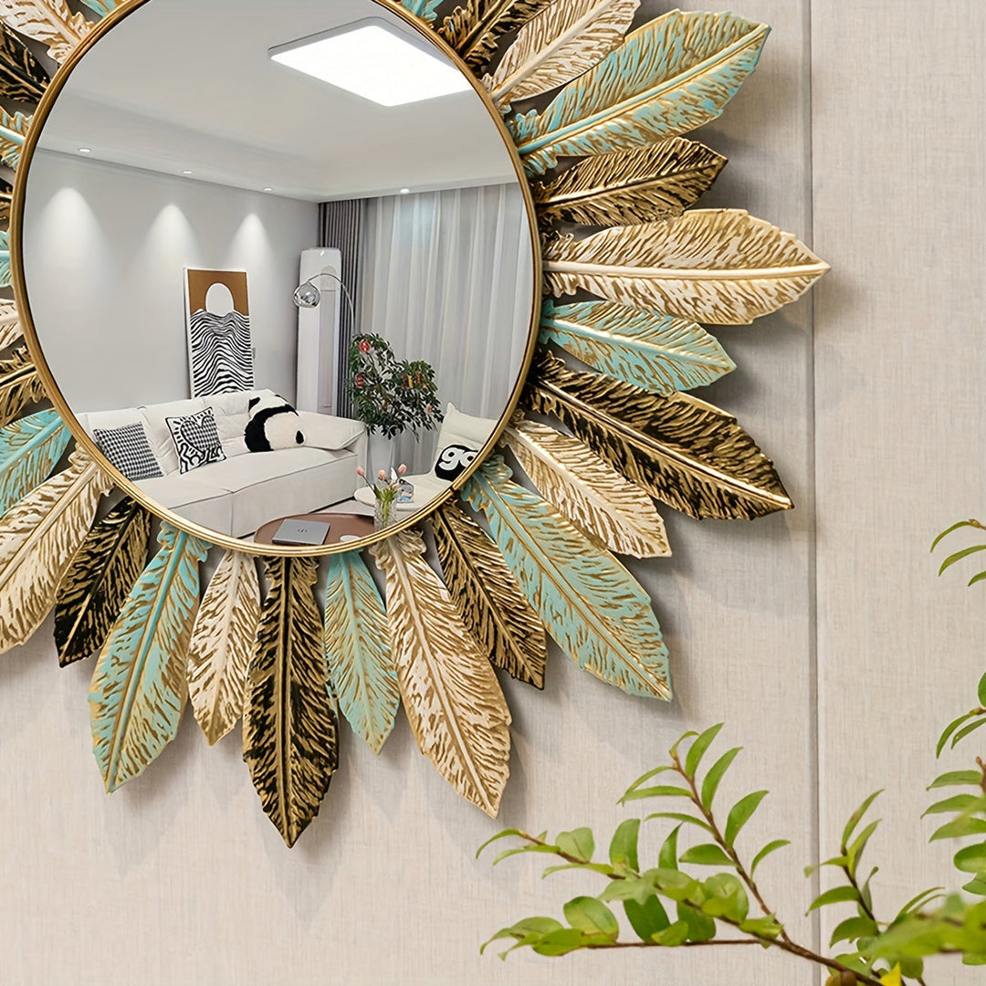 Bohemian Sunburst Metal Wall Mirror | Teal &amp; Gold Leaf Design