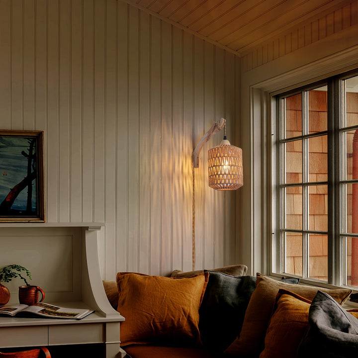 Boho Wood &amp; Rattan Wall Lamp | Hand-Woven Plug-In Light