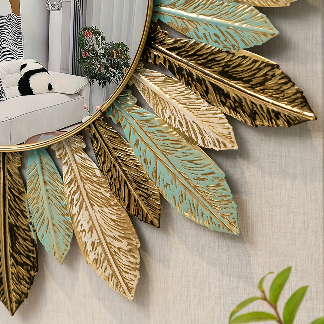 Bohemian Sunburst Metal Wall Mirror | Teal &amp; Gold Leaf Design