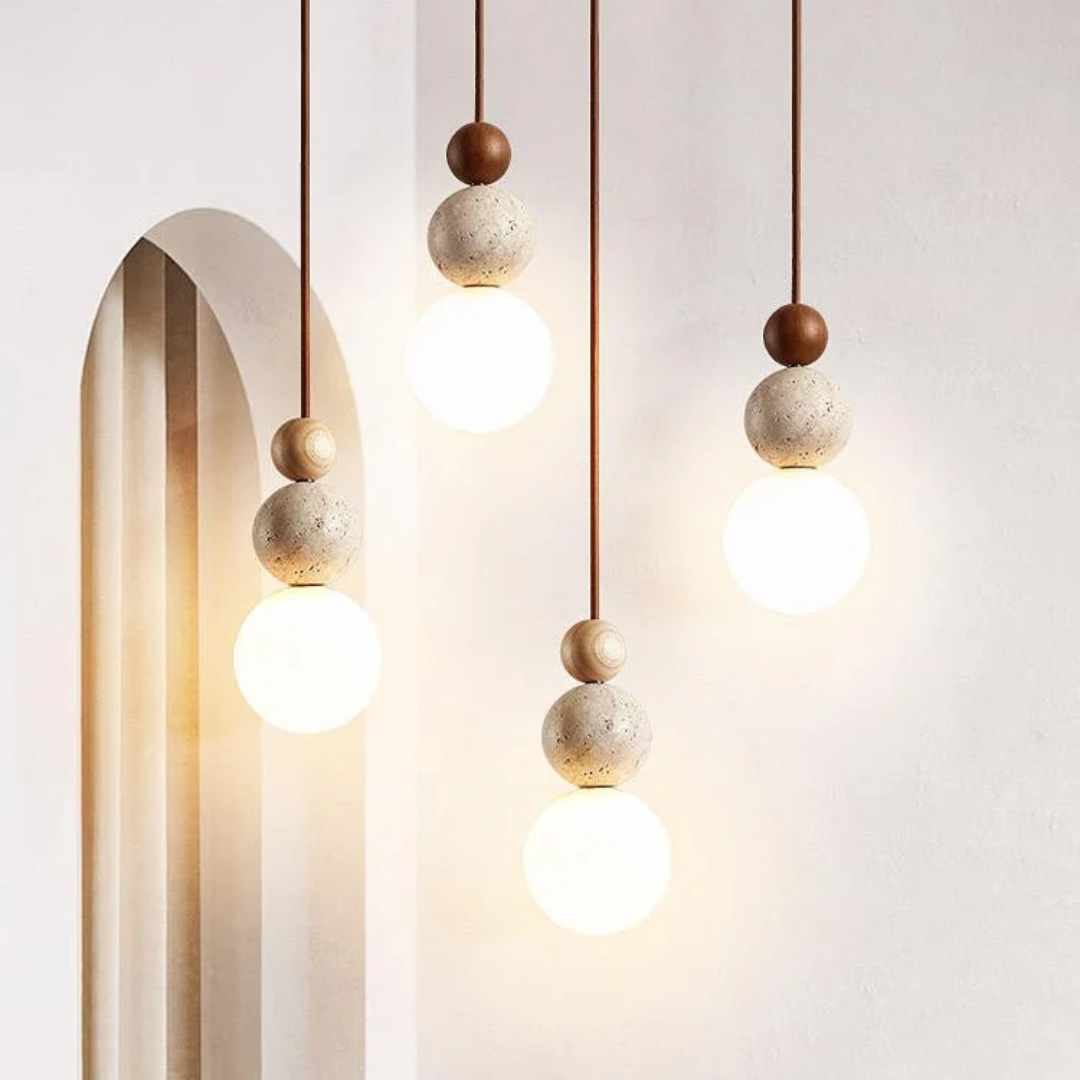 Cleonice Pendant Light | Travertine, Wood &amp; Glass Hanging Lamp