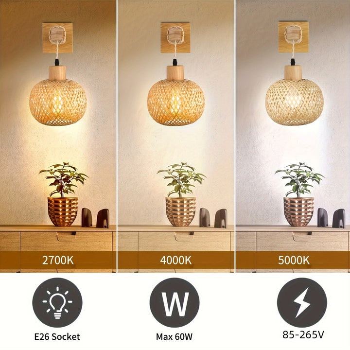 Rustic Wooden Wall Sconce | Handwoven Rattan &amp; Wood Light Fixture