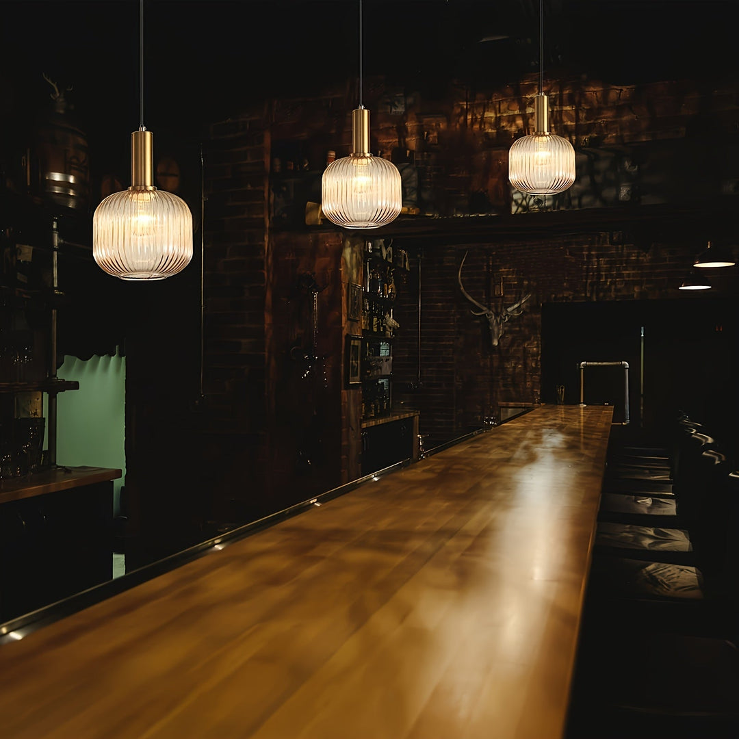 Modern Striped Glass Pendant Light | Brass &amp; Ribbed Glass Shade