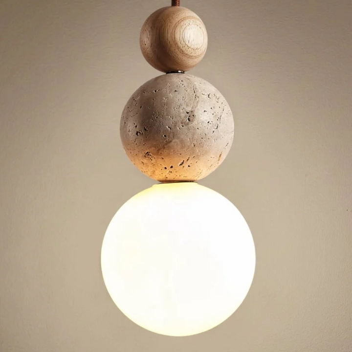 Cleonice Pendant Light | Travertine, Wood &amp; Glass Hanging Lamp
