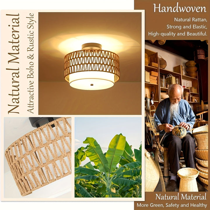 Boho Rattan Ceiling Light | Semi-Flush Mount with Linen Shade
