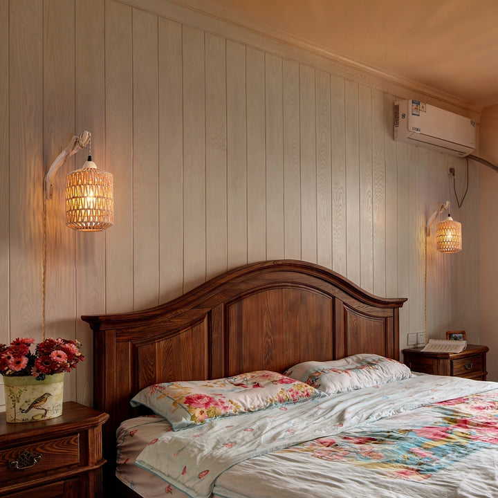 Boho Wood &amp; Rattan Wall Lamp | Hand-Woven Plug-In Light