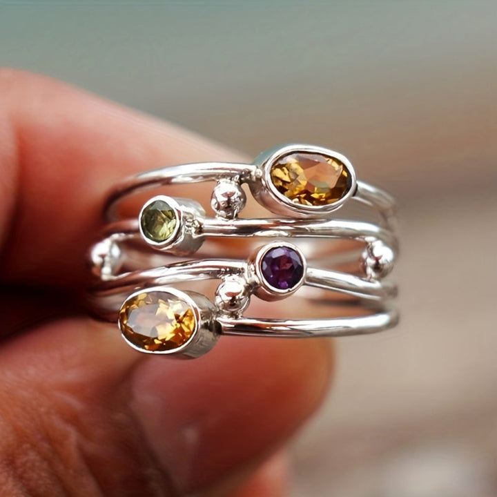 Birthstone Ring Silver Adjustable Boho Zircon Wrap Ring