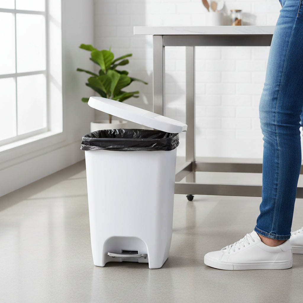 13 Gallon White Kitchen Trash Can Step Pedal Odor Protection