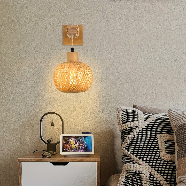 Rustic Wooden Wall Sconce | Handwoven Rattan &amp; Wood Light Fixture