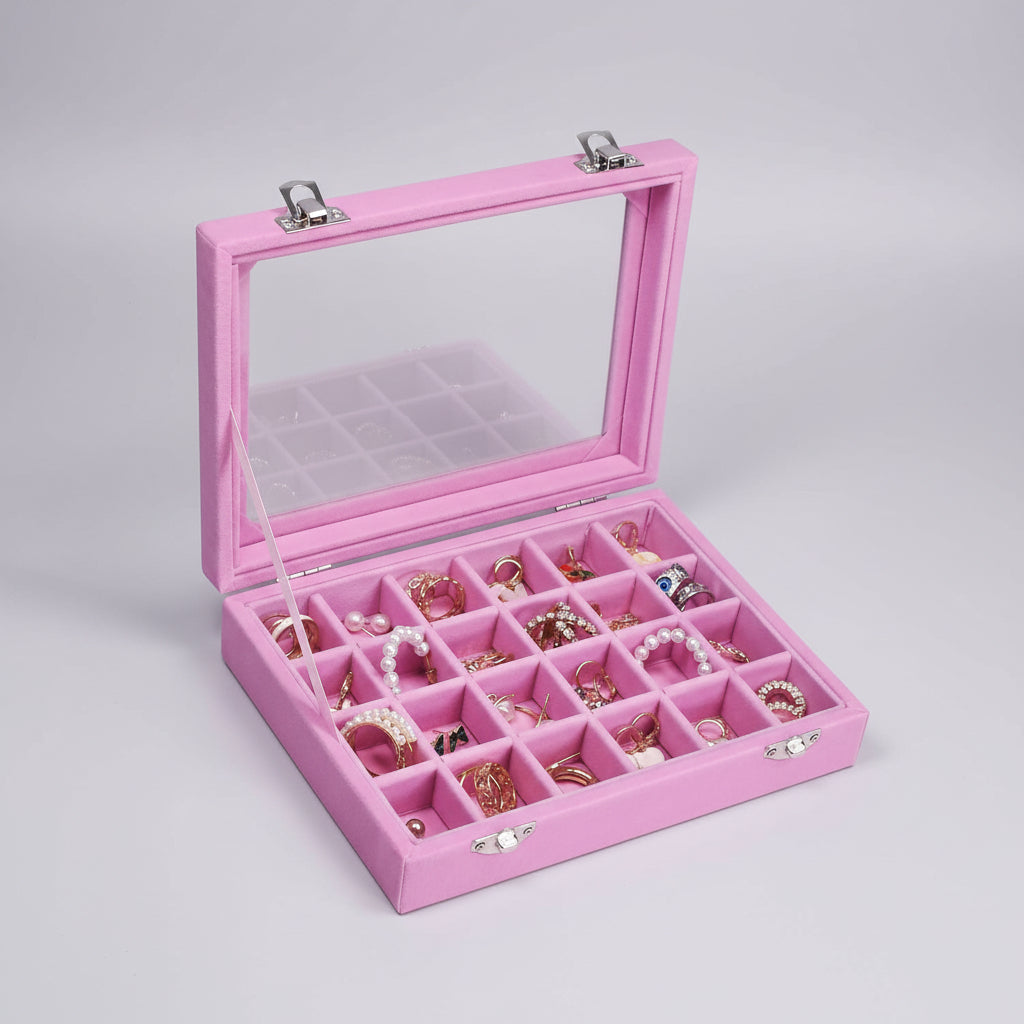 Jewellery Organizer Mothers Day Velvet Storage Box Glass Lid Tray
