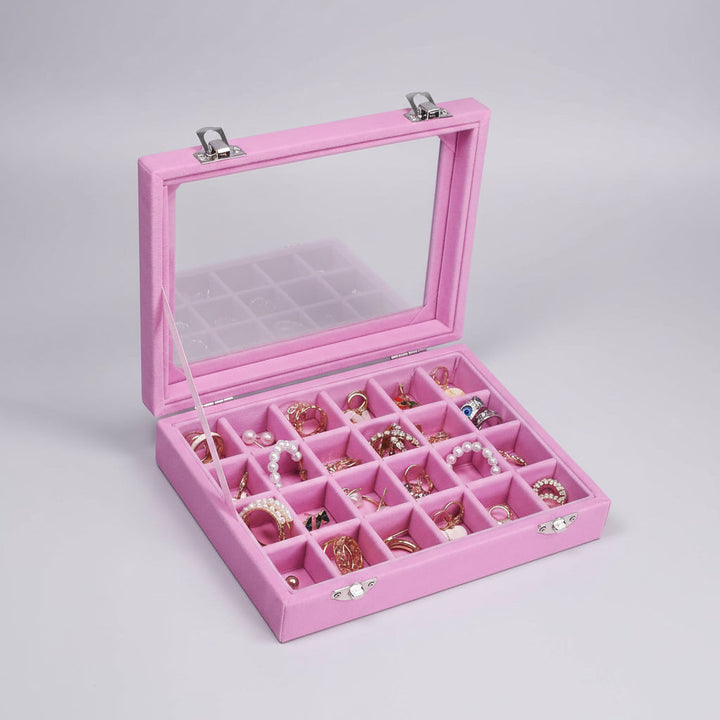 Jewellery Organizer Mothers Day Velvet Storage Box Glass Lid Tray