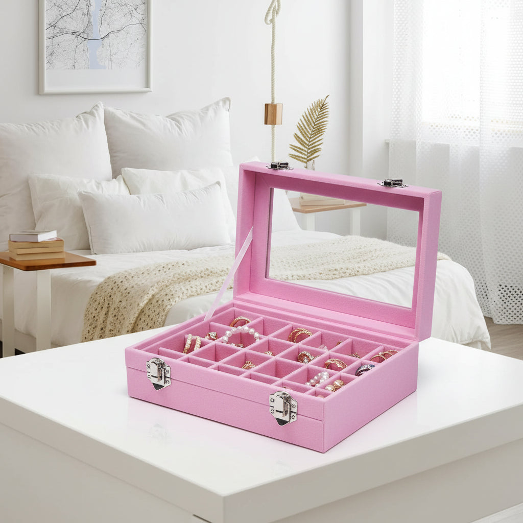 Jewellery Organizer Mothers Day Velvet Storage Box Glass Lid Tray