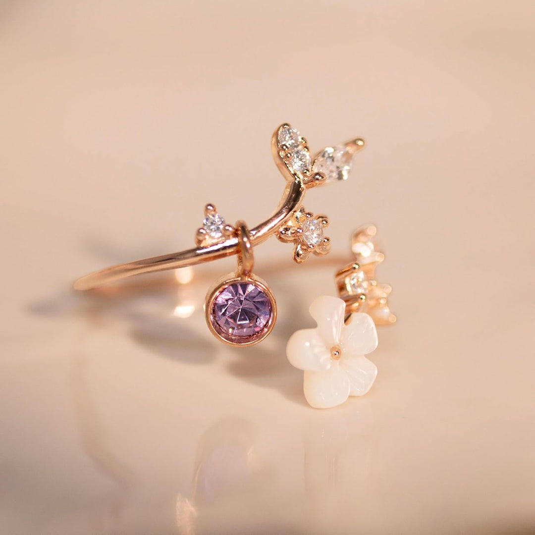 Ring Birthstone Flower Adjustable Cubic Zirconia Mothers Day Gift