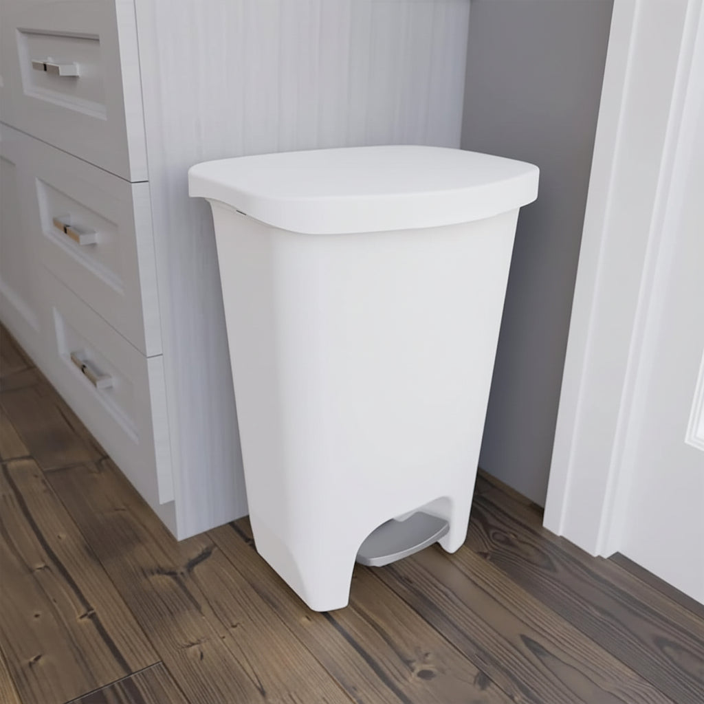 13 Gallon White Kitchen Trash Can Step Pedal Odor Protection