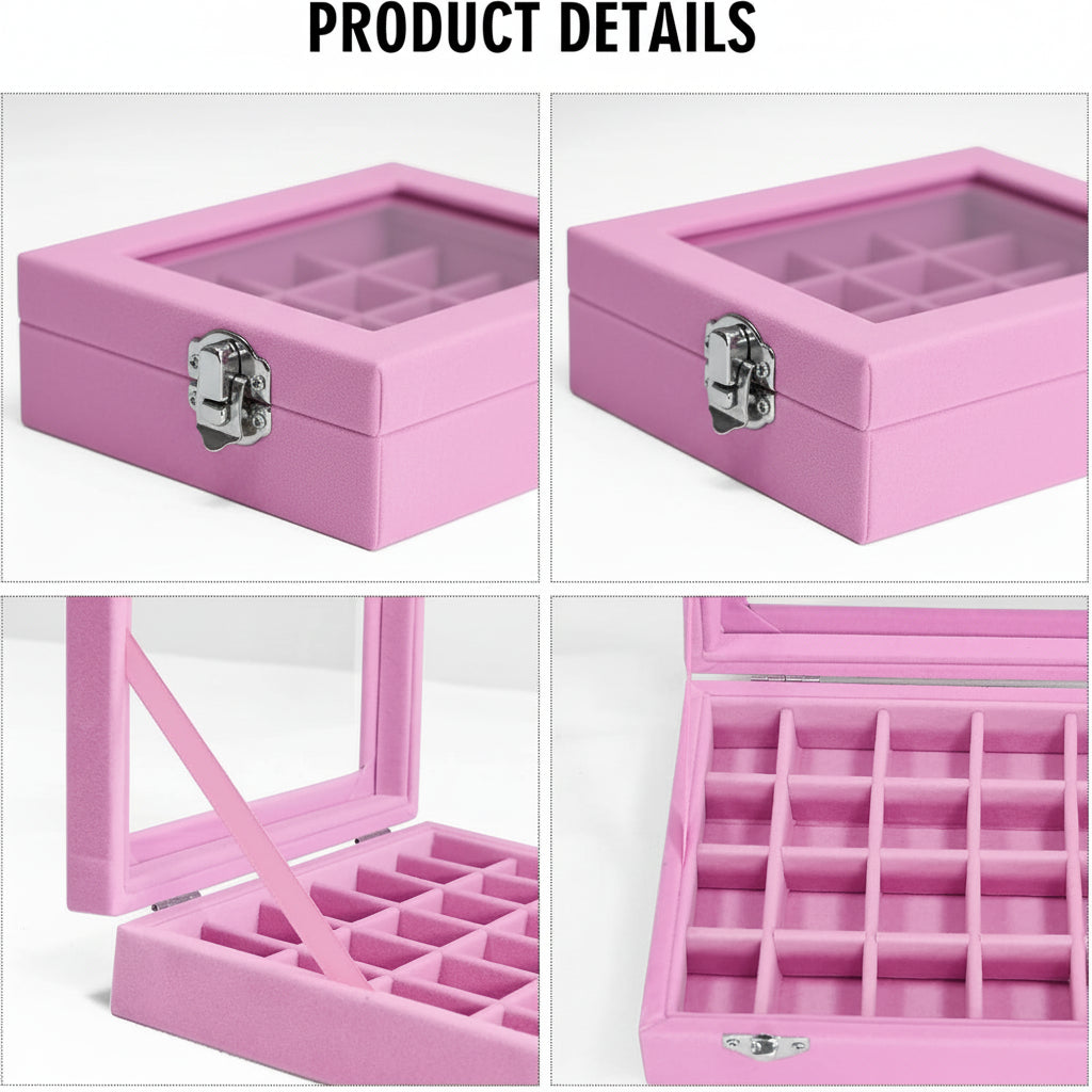 Jewellery Organizer Mothers Day Velvet Storage Box Glass Lid Tray