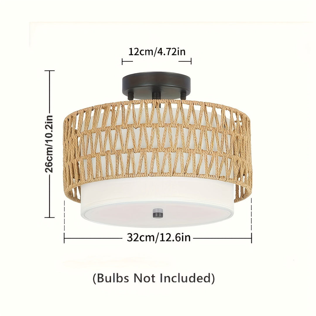 Boho Rattan Ceiling Light | Semi-Flush Mount with Linen Shade