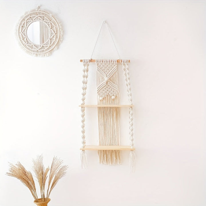 Boho Macrame Wall Shelf | 2-Tier Hanging Storage Rack