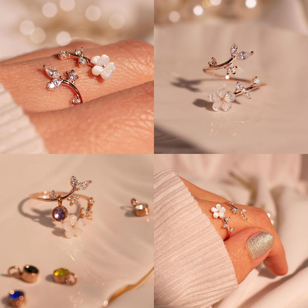 Ring Birthstone Flower Adjustable Cubic Zirconia Mothers Day Gift