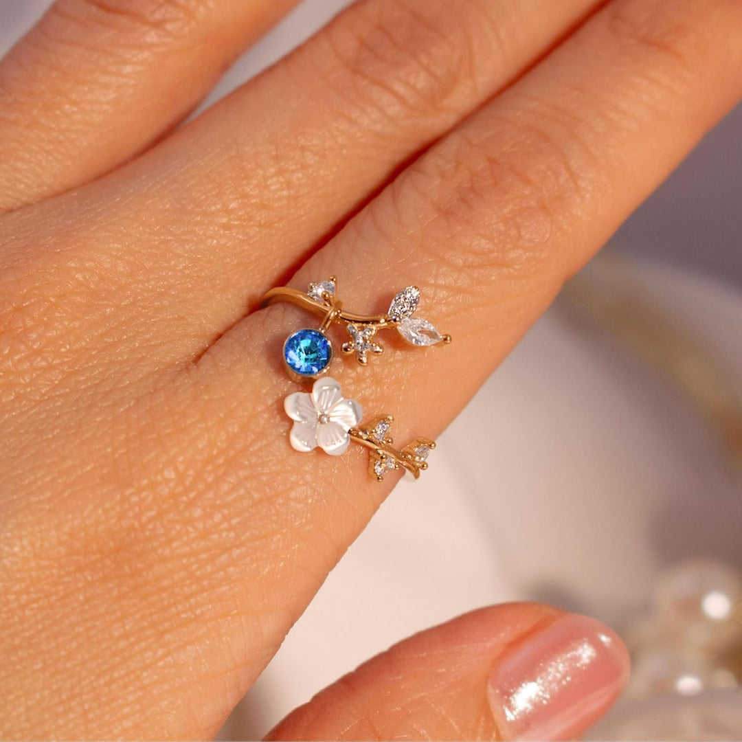Ring Birthstone Flower Adjustable Cubic Zirconia Mothers Day Gift