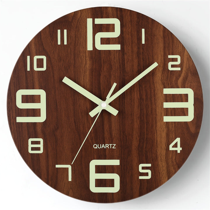 Walnut Luminous Wall Clock | Silent Glow-in-the-Dark Wooden Design