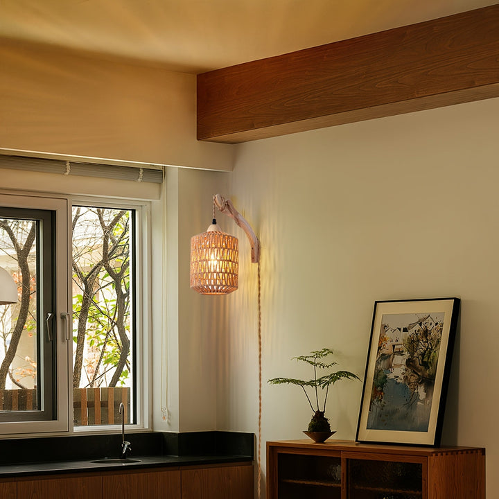 Boho Wood &amp; Rattan Wall Lamp | Hand-Woven Plug-In Light