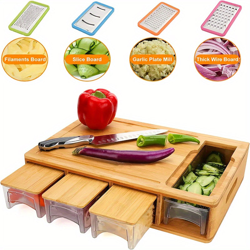 Bamboo Cutting Board with Storage Trays &amp; Graters | Multifunctional Kitchen Prep Station