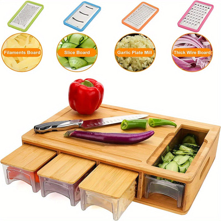 Bamboo Cutting Board with Storage Trays &amp; Graters | Multifunctional Kitchen Prep Station