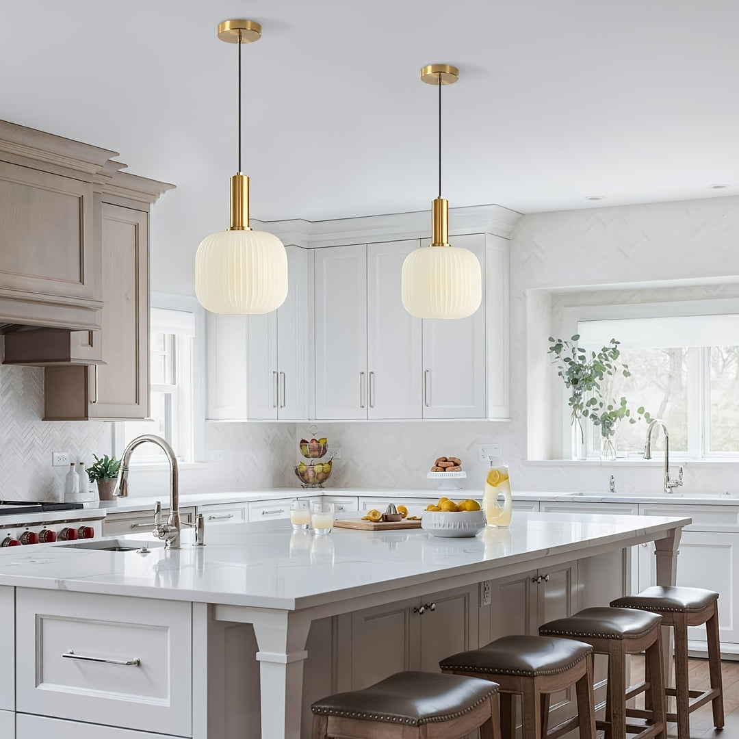 Modern Striped Glass Pendant Light | Brass &amp; Ribbed Glass Shade