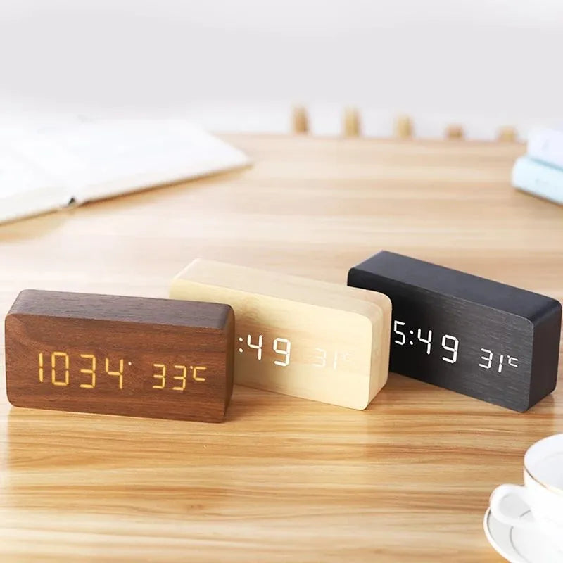 Alarm Clock Digital LED Wood Desk Clock