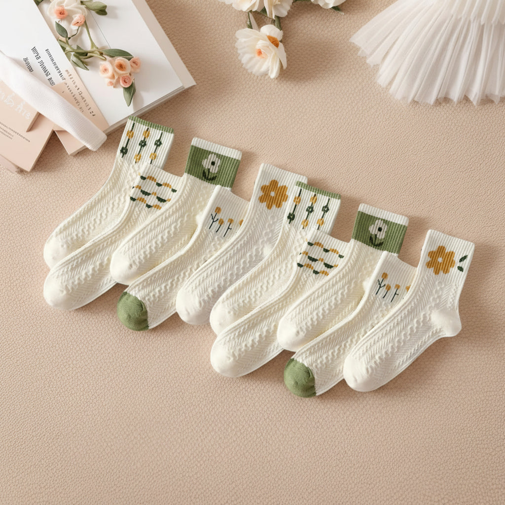 Womens Crew Socks Vintage Floral Cable Knit Breathable Cotton