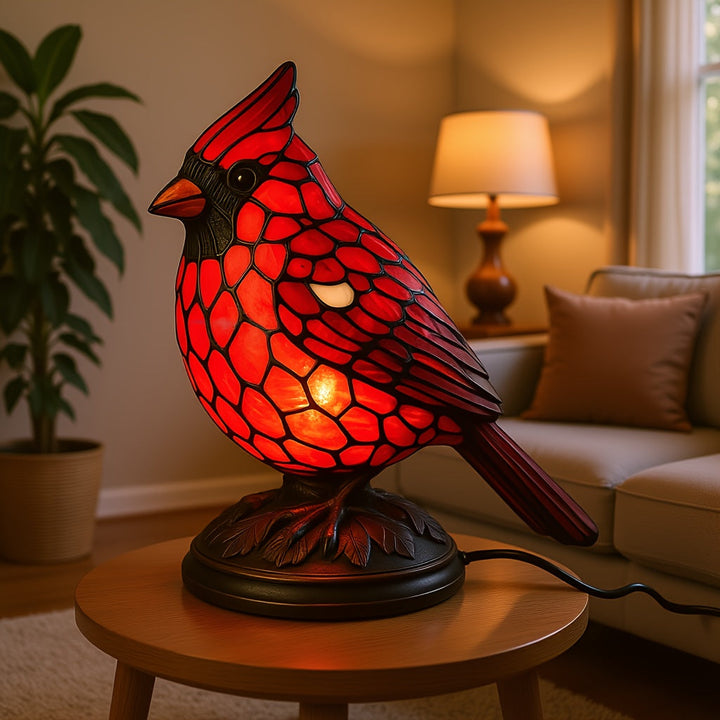 Table Lamp Red Cardinal Bird USB Powered Art Glass Lighting