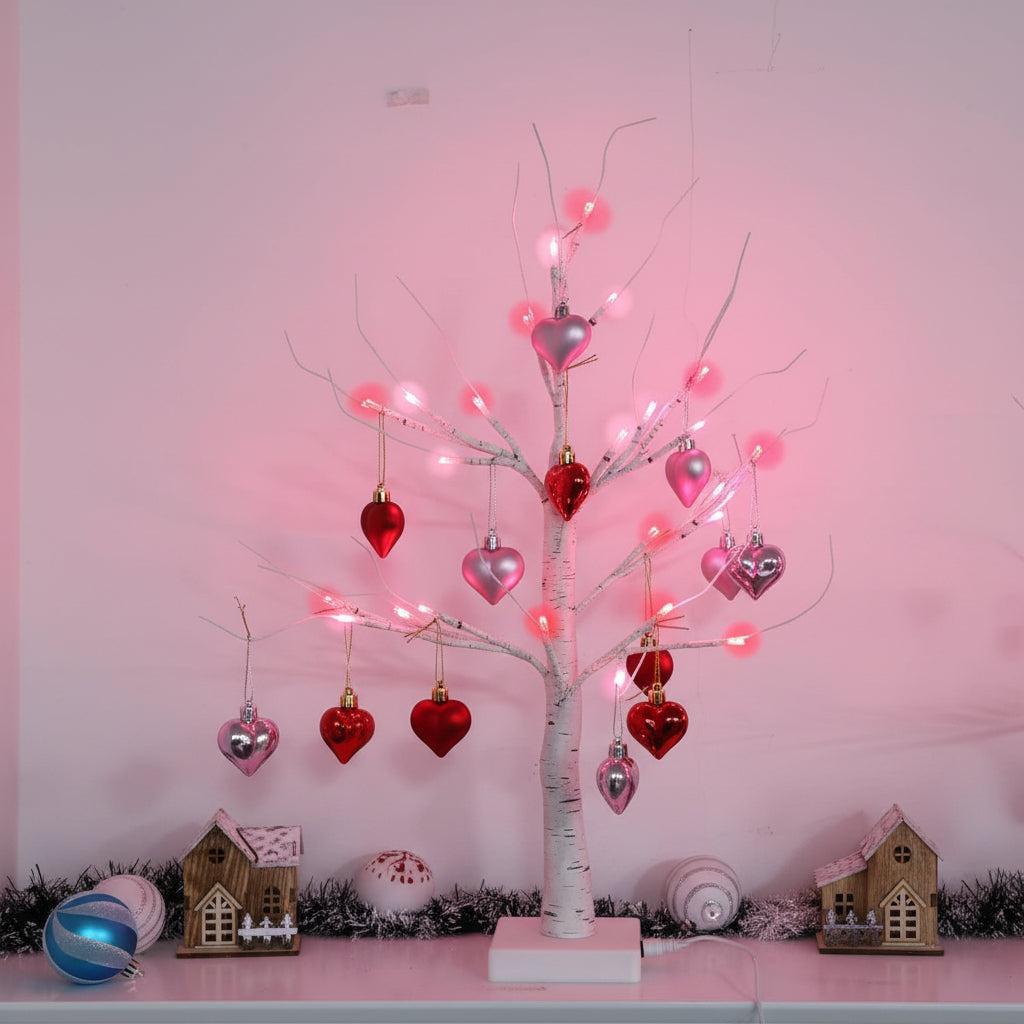Table Lamp LED Birch Tree Heart Light Valentines Home Decor
