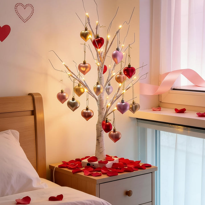 Table Lamp LED Birch Tree Heart Light Valentines Home Decor