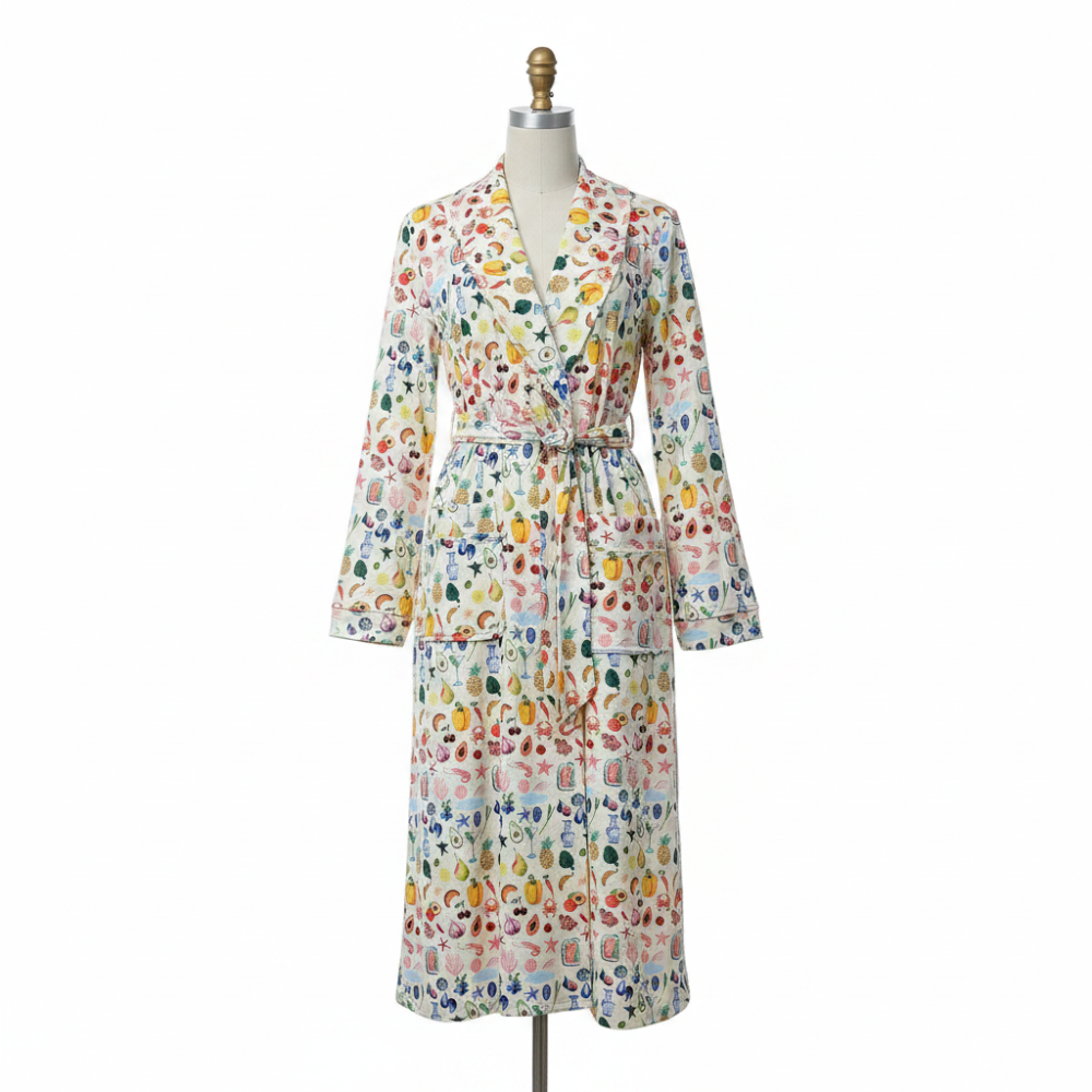 Bathrobe Floral Print Flannel Shawl Collar Tie Waist Robe