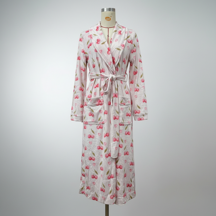 Bathrobe Floral Print Flannel Shawl Collar Tie Waist Robe
