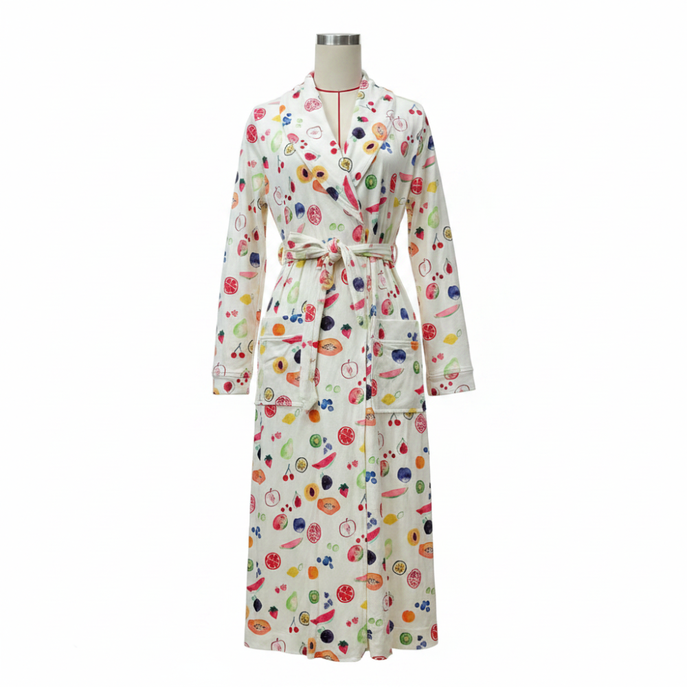 Bathrobe Floral Print Flannel Shawl Collar Tie Waist Robe