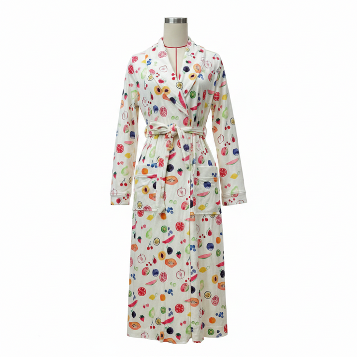 Bathrobe Floral Print Flannel Shawl Collar Tie Waist Robe