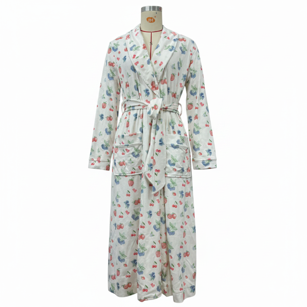 Bathrobe Floral Print Flannel Shawl Collar Tie Waist Robe