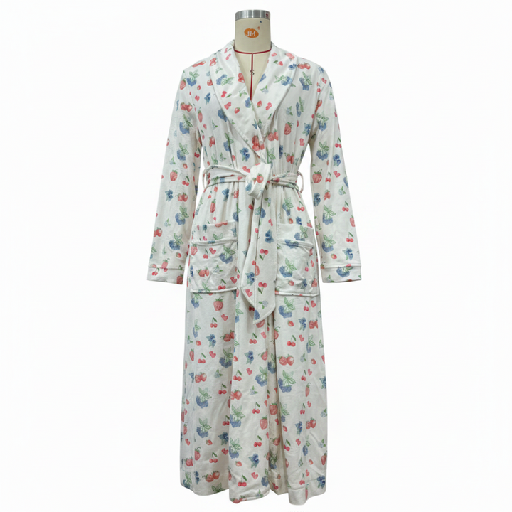 Bathrobe Floral Print Flannel Shawl Collar Tie Waist Robe
