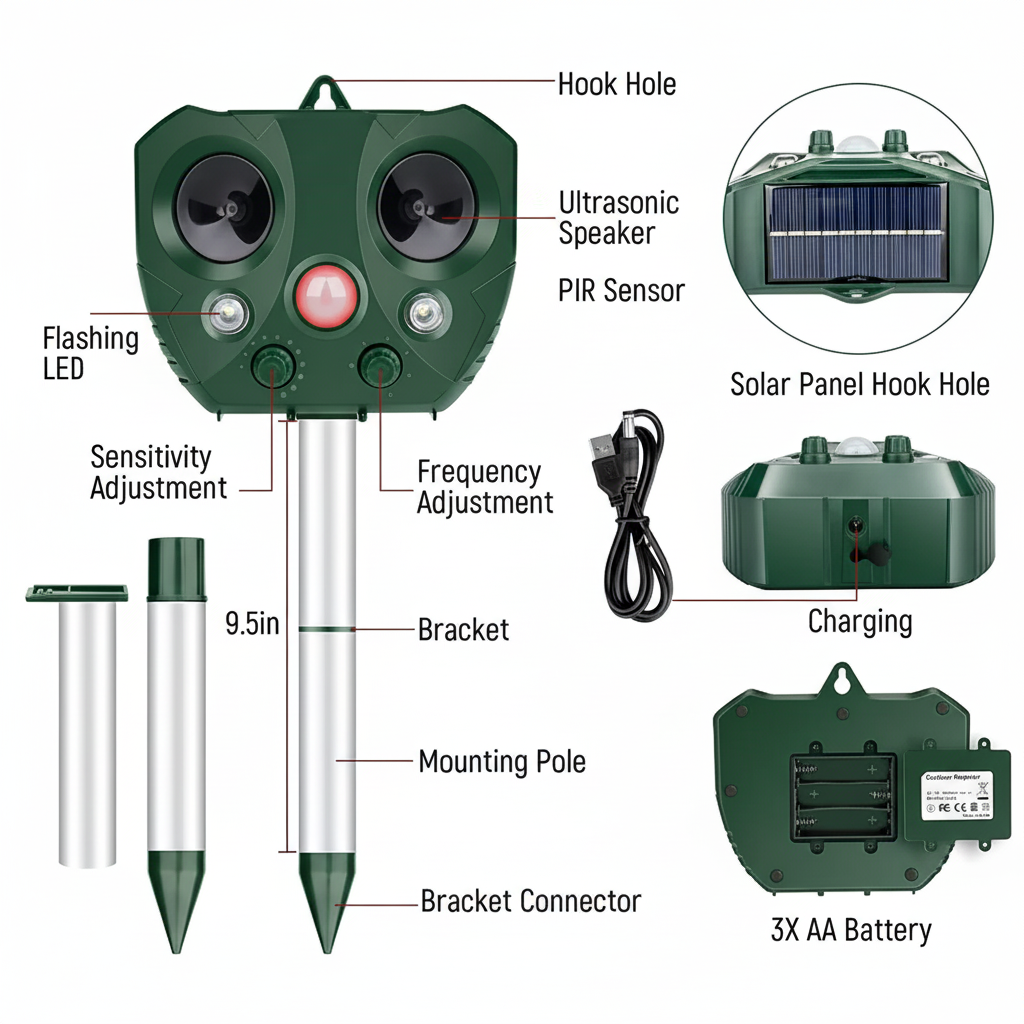 Solar Ultrasonic Bird Repeller Outdoor Garden Yard Pest Control
