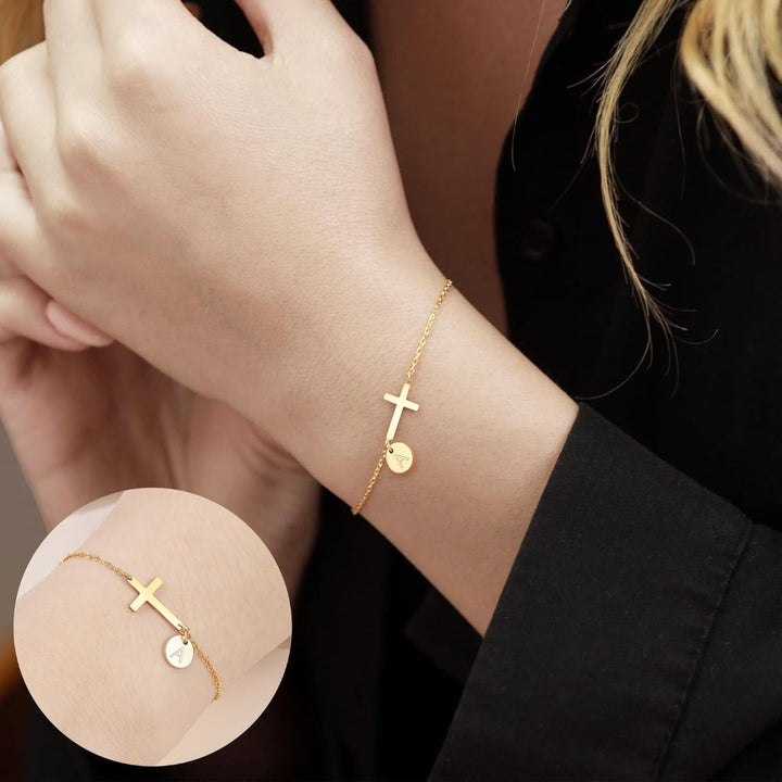 Bracelet Mothers Day Cross Initial Adjustable Chain Jewellery Gift