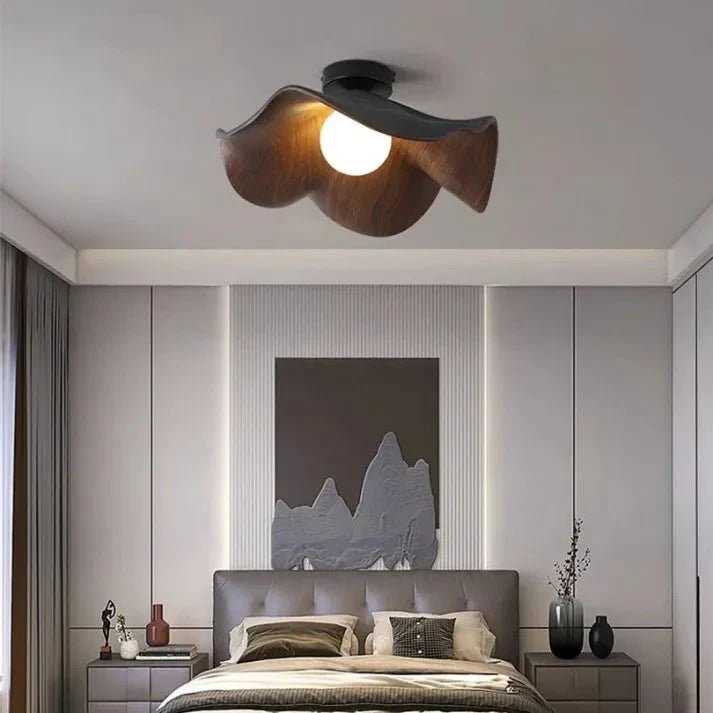 Scandinavian Wooden Lotus Ceiling Light | Resin &amp; Iron Modern Flush Lamp