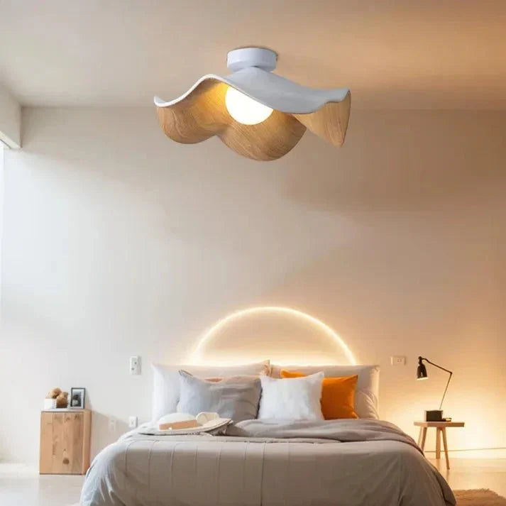 Scandinavian Wooden Lotus Ceiling Light | Resin &amp; Iron Modern Flush Lamp