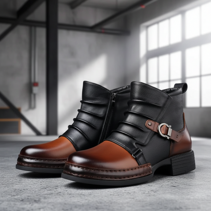 Men Ankle Boots Leather Buckle Side Zip Casual Dress Shoes