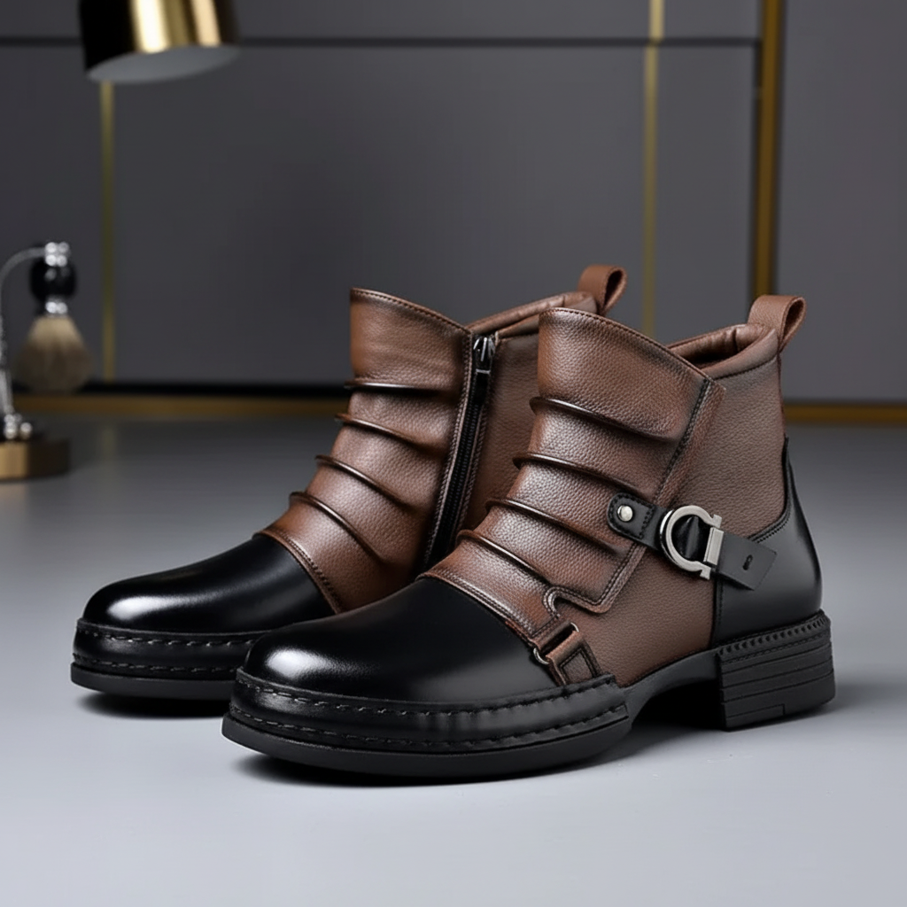 Men Ankle Boots Leather Buckle Side Zip Casual Dress Shoes
