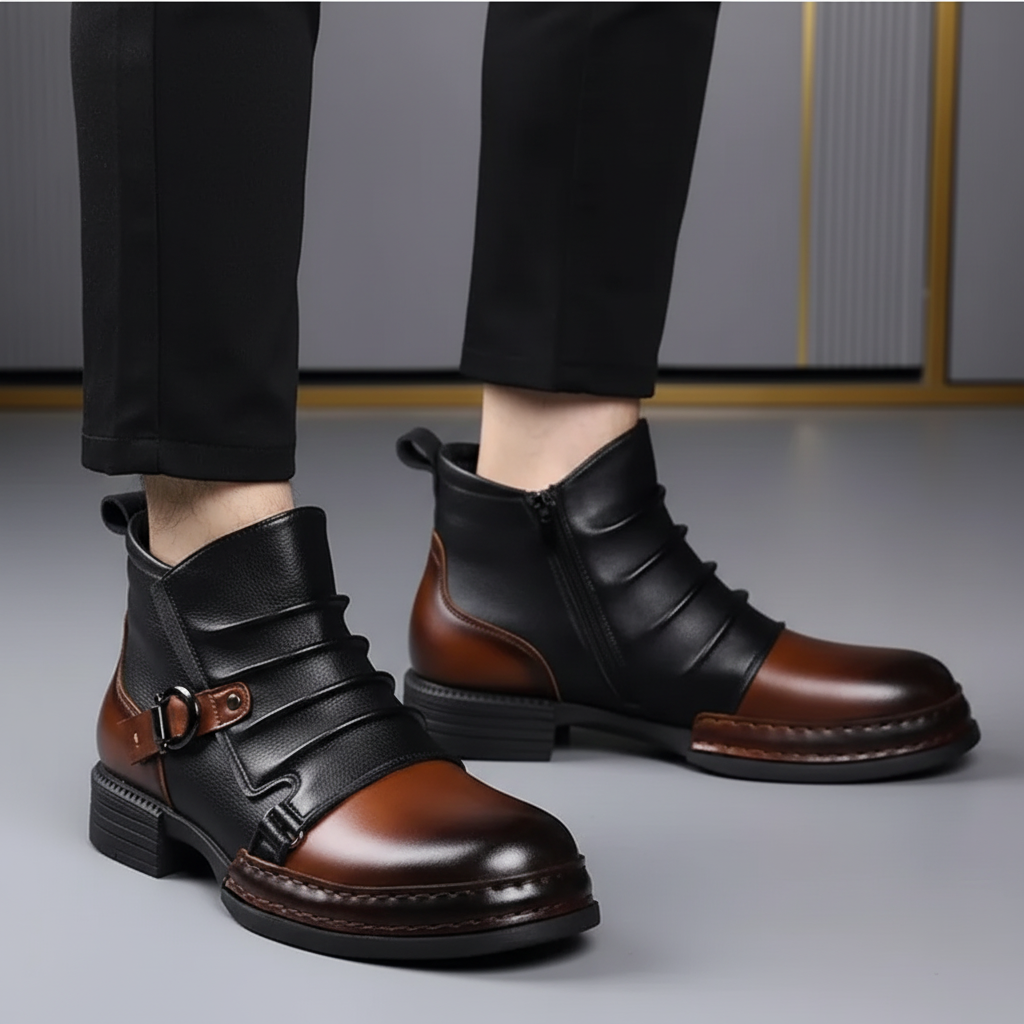 Men Ankle Boots Leather Buckle Side Zip Casual Dress Shoes