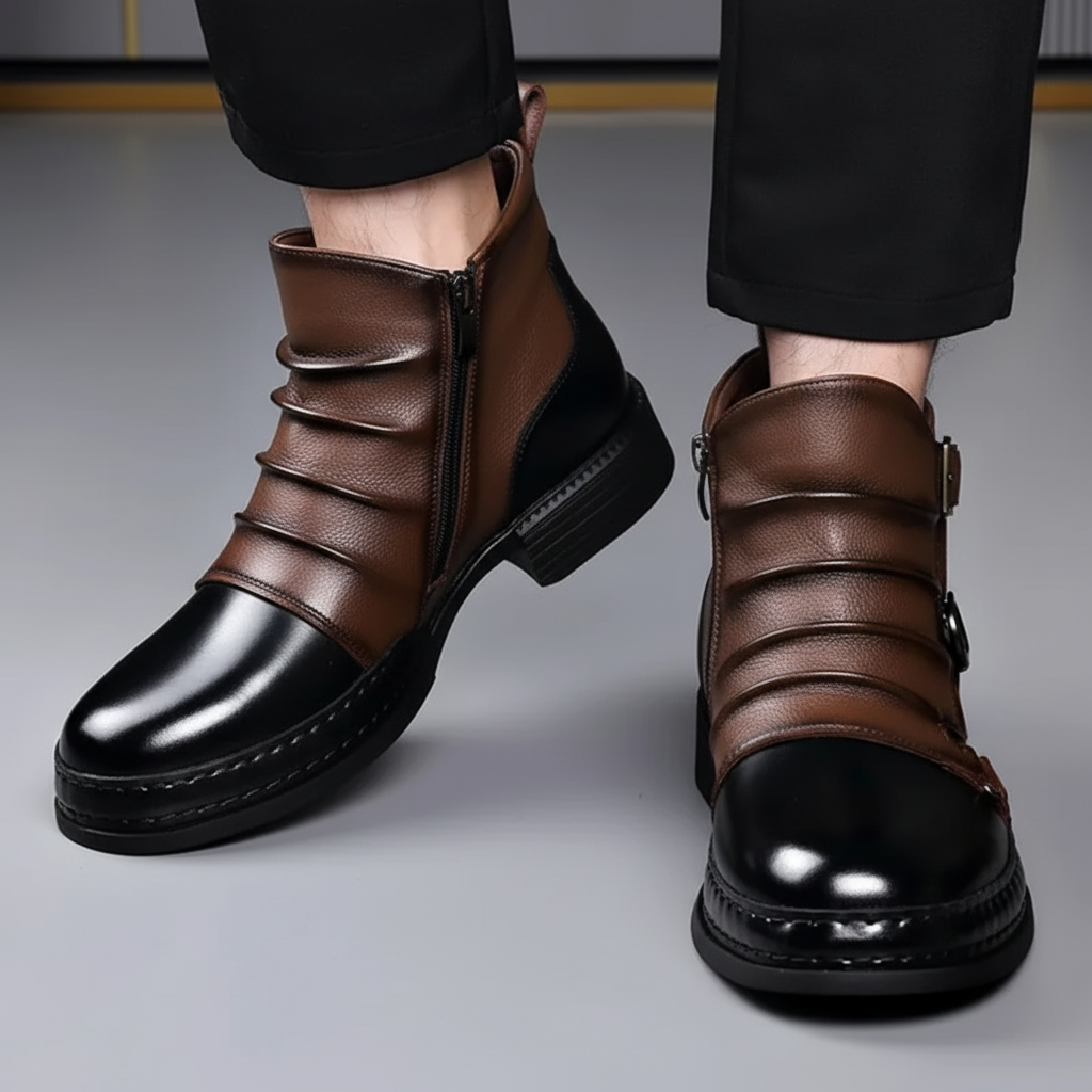 Men Ankle Boots Leather Buckle Side Zip Casual Dress Shoes