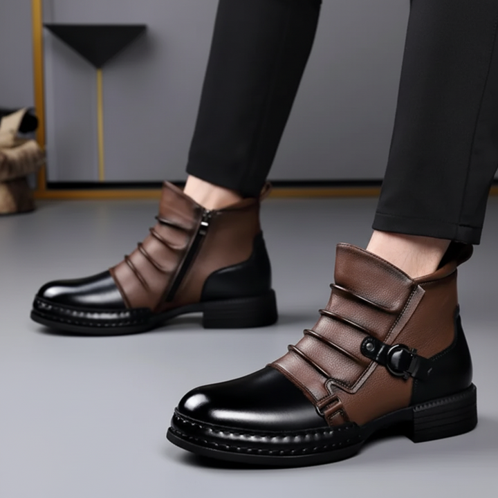 Men Ankle Boots Leather Buckle Side Zip Casual Dress Shoes
